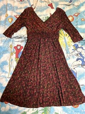 Sandra Darren Burgundy Brown & Olive Printed V-Neck 3/4 Midi Dress sz 12